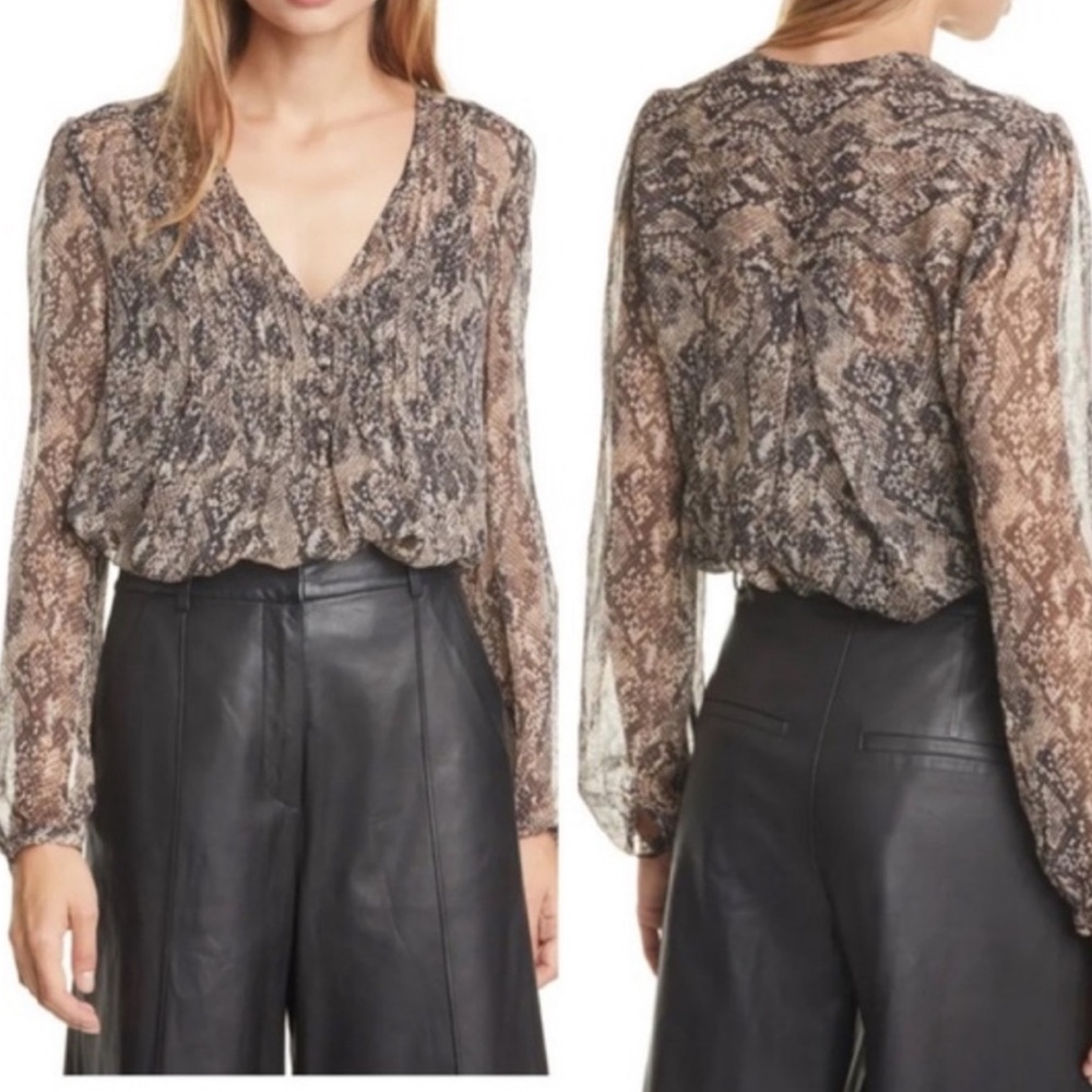 Veronica Beard Lowell Silk Pintuck Blouse in Snake Print, Size 4